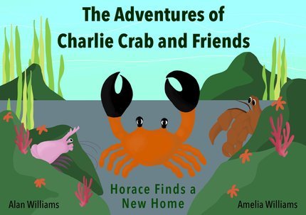 Cover of The Adventures of Charlie Crab. Bold, two lined Title
A rockpool background with an orange crab with 2 black pinchers, central to the book. A pink shrimp and a brown hermit crab looking out between the rocks. The subtitle sits beneath the orange