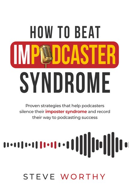 Cover of How to beat Impodcasters Syndrome: White separated into three parts: Part one - book Title on three lines with the work Impodcaster encircled in red with the IM in podcasters in white and Podcaster in Yellow. The "O" in impodcasters is replaced w