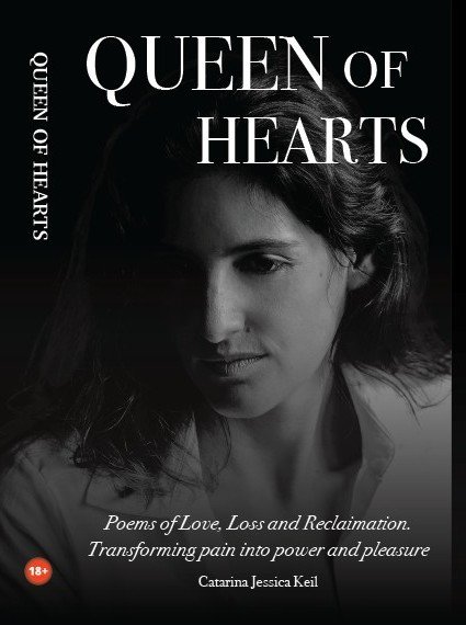 Black and white photo of a woman behind the text Queen of Hearts. Poems on love, loss and reclamation.
